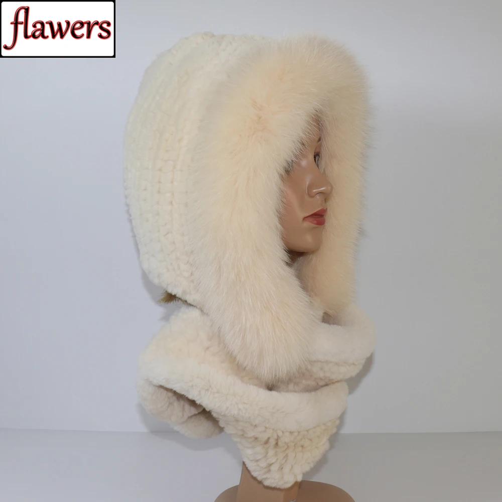 

Winter Knit Women Natural Fox Fur Hats&Scarves Lady Warm Fluffy Real Rex Rabbit Fur Hat&Scarf Luxury Knit Real Fur Hooded Scarf