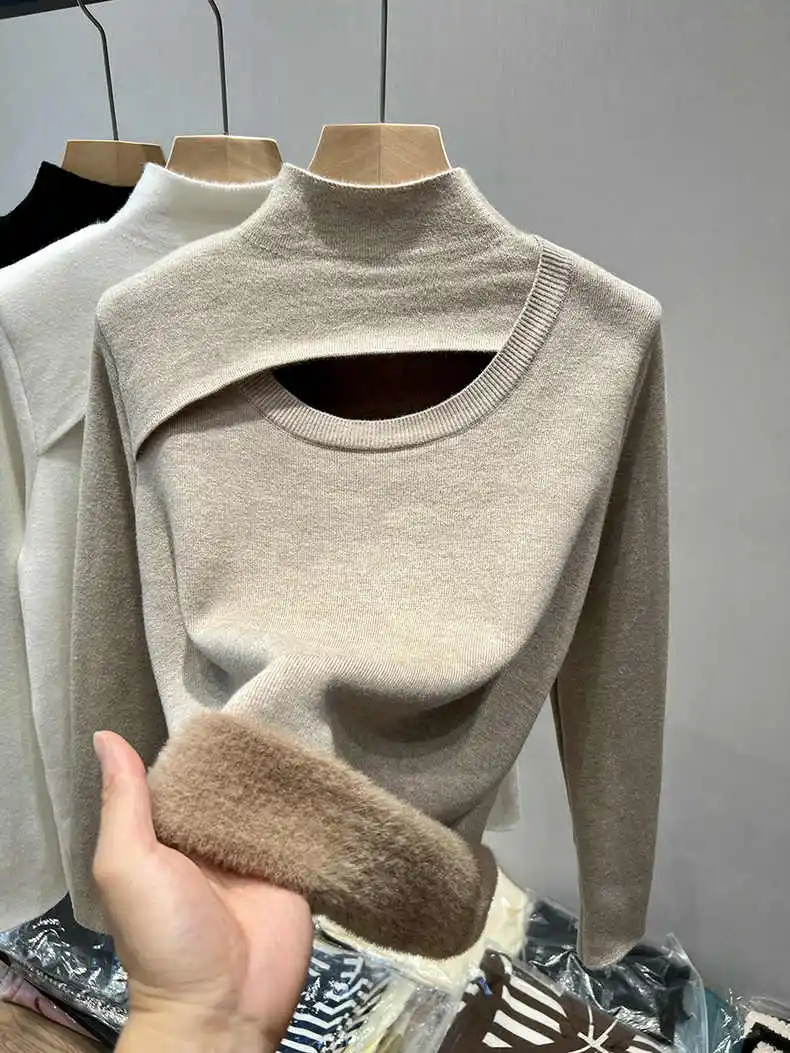 เสื้อสเวตเตอร์คอสูงสำหรับผู้หญิง ผ้ากำมะหยี่เนื้อนุ่ม สวมใส่เป็นเสื้อตัวในได้ เหมาะสำหรับฤดูใบไม้ร่วงและฤดูหนาว