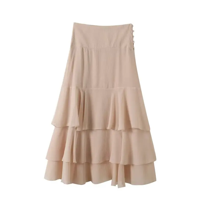 

2025 WOMAN Fashion European and American Style Autumn New Style Laminated Decorative Side Button Casual Skirt Mujer