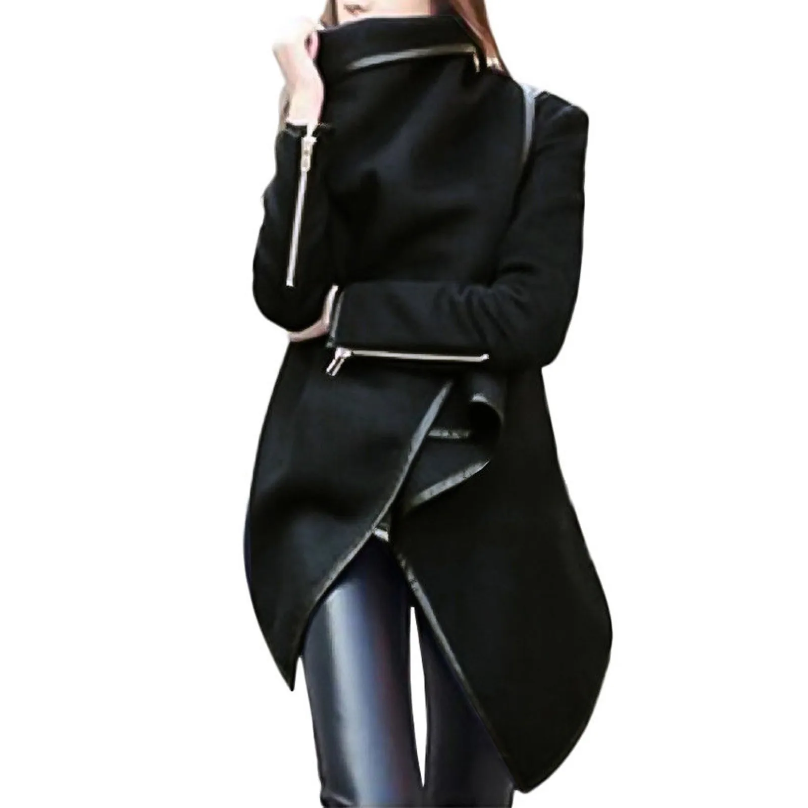 Chaqueta de lana con cuello levantado para mujer, abrigo largo y cálido con cremallera y lazo Irregular, rompevientos de retazos, abrigo de moda con temperamento