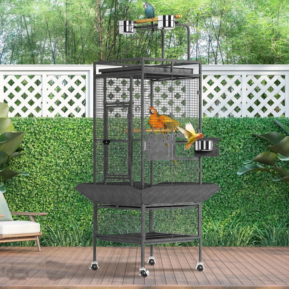 

61 Inch Large Bird Cage with Play Top, Rolling Wrought Iron Stainless Steel Wooden Parrot Cage for Macaws, Cockatoos, Conures