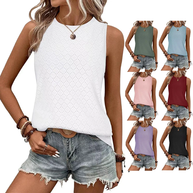 New Womens Round Neck Printed Vest T-Shirt Summer Solid Color Comfortable Loose Sleeveless Pullover Top Daily Commuter Tank Tops