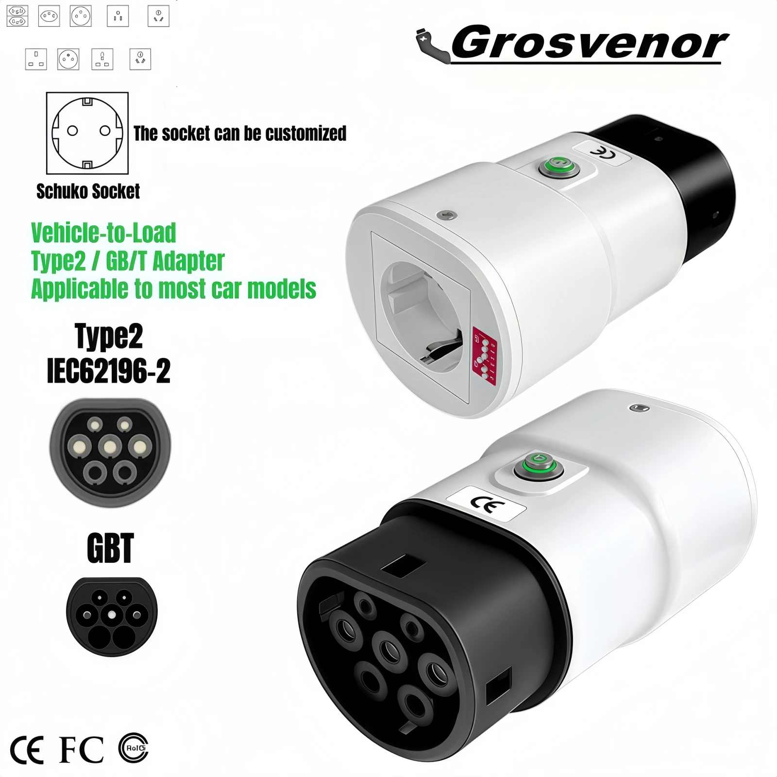 Type 2 / GBT EV Discharge Adapter with Temp Protection & Power Light - Adjustable Switch for Chinese EV Cars V2L for Camping Use