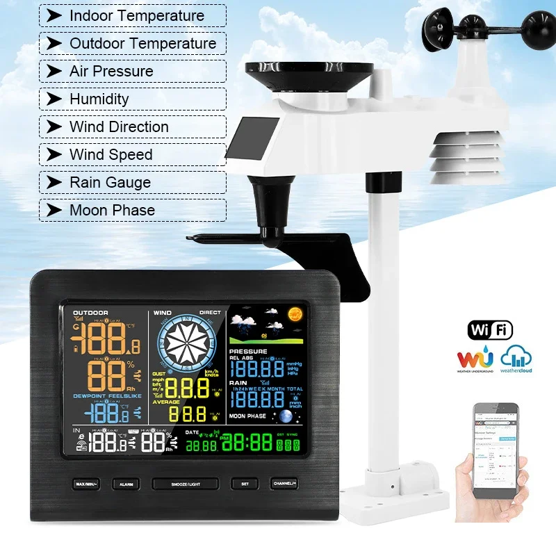 

8-in-1 auto radio controlled digital color wireless smart weather station wifi indoor outdoor sensor weather forecasting