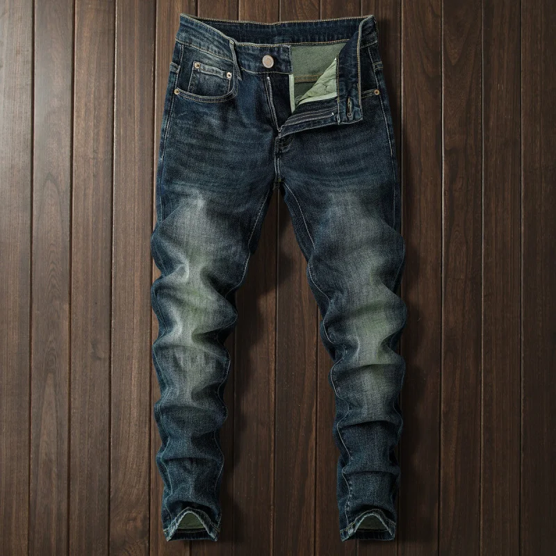 Jeans da uomo retrò blu intenso autunnali, elastici e alla moda, versatili, casual, pantaloni alla moda di strada