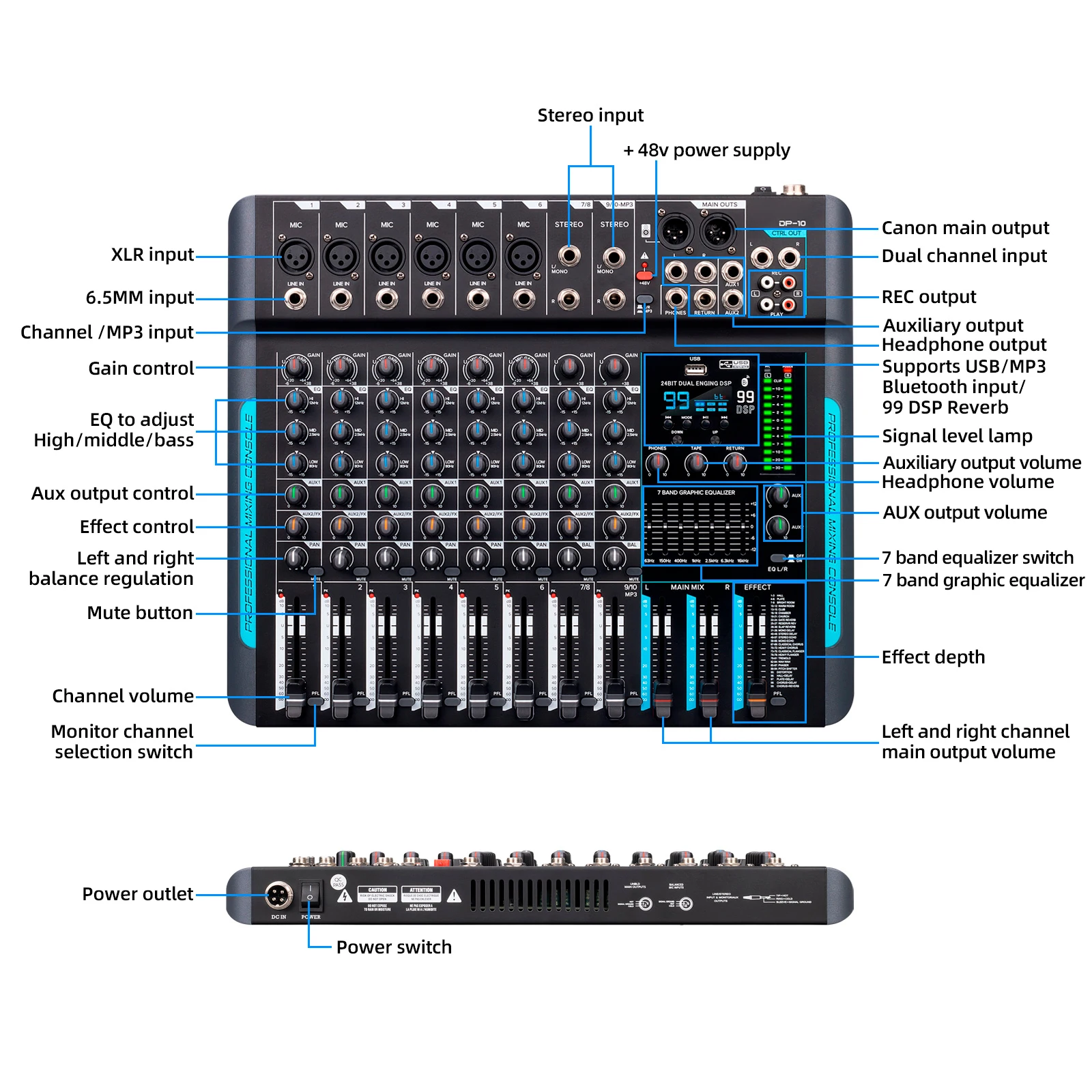 Imagem -06 - Ikge-professional Performance Class Tuner dj Controller 10 Canais 99 Dsp Reverb Gravação Mixer de Áudio com Bluetooth 5.0 Dp10