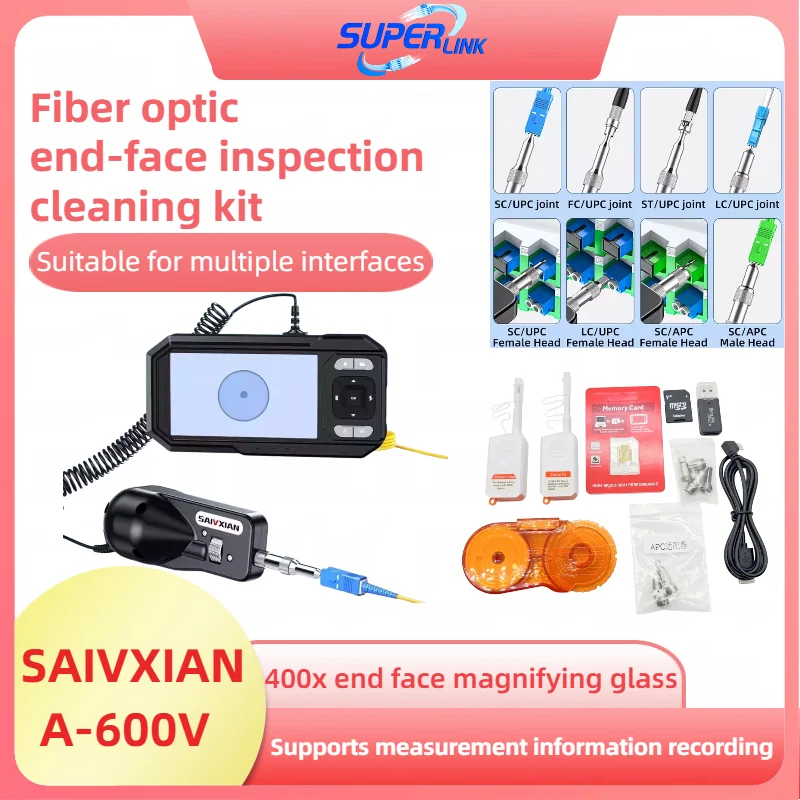 

A-600V fiber optic end-face inspection instrument, 400mm magnifying glass, real-time transmission, with cleaning tool kit.