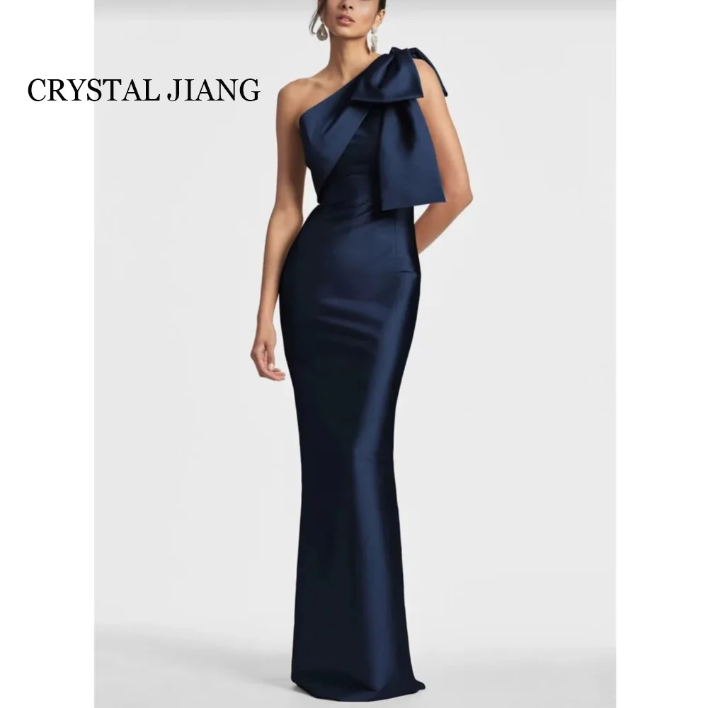 

Customized Long Blue One Shoulder Satin Evening Dresses Sleeveless with Bow Mermaid Floor Length Long Evening Gowns for Party