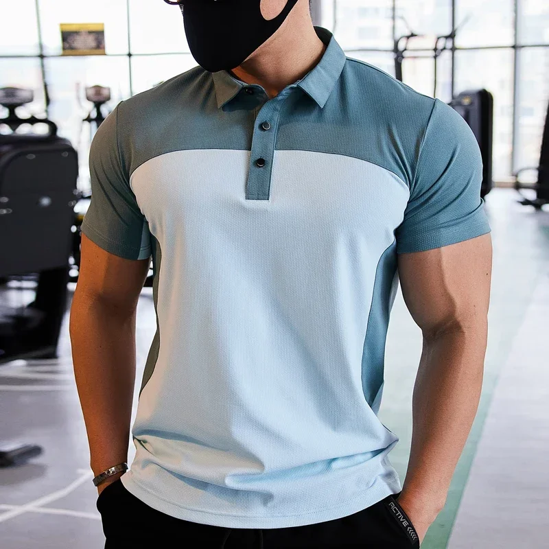 Camiseta deportiva a la moda para hombre, sudadera para gimnasio, correr, Fitness, manga corta, Top ajustado, Polo informal de negocios,