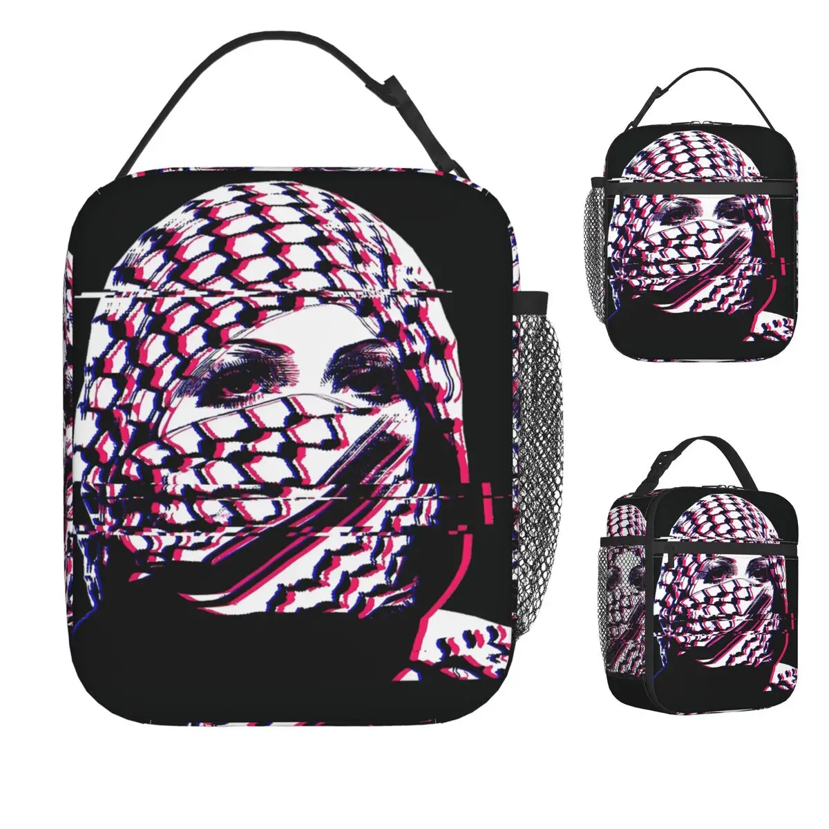 

Woman In Palestinian Keffiyeh Art Lunch Bag Portable Insulated Lunch Box Office Cooler Bag Fashion Oxford Thermal Tote Handbags
