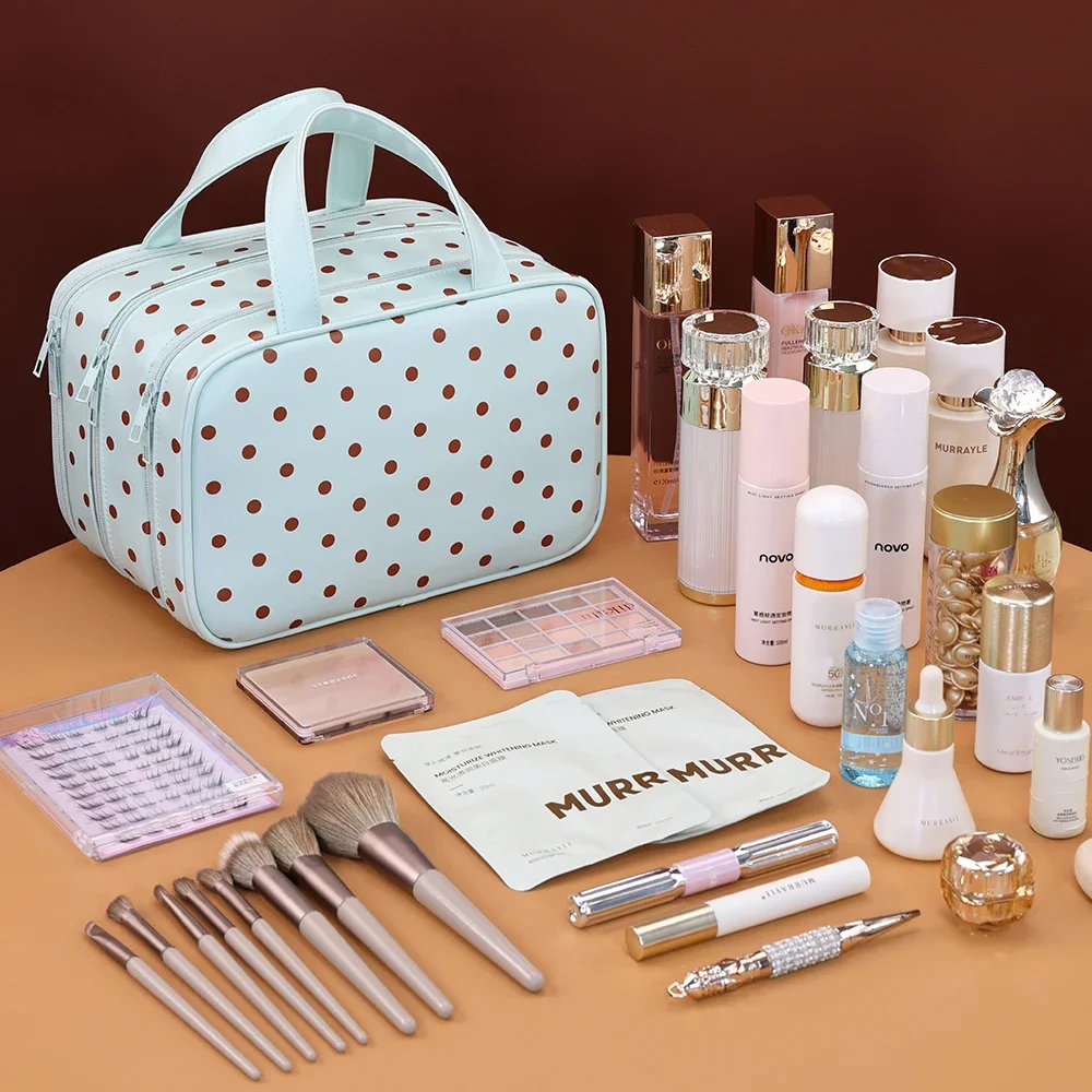 Gepunktete Kosmetiktasche mit großer Kapazität, wasserdichter PU-Reise-Toilettentaschen-Organizer, dreilagige Trennwand, Reise-Aufbewahrungstasche – Detail 18