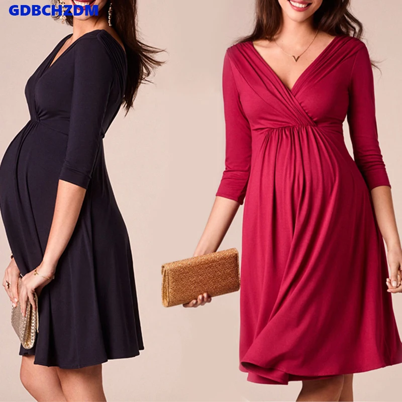 

Breastfeeding Dresses Maternity Clothes for Pregnant Women Clothing Solid V-Neck Pregnancy Dresses Mother Wear Evening Dress