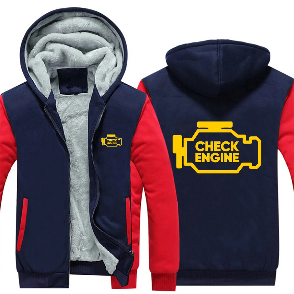 

2025 Mechanic Auto Repair Check Engine Light Print Autumn Winter Man's Patchwork Color Fleece Warm Hoodies Zipper Fashion Coat