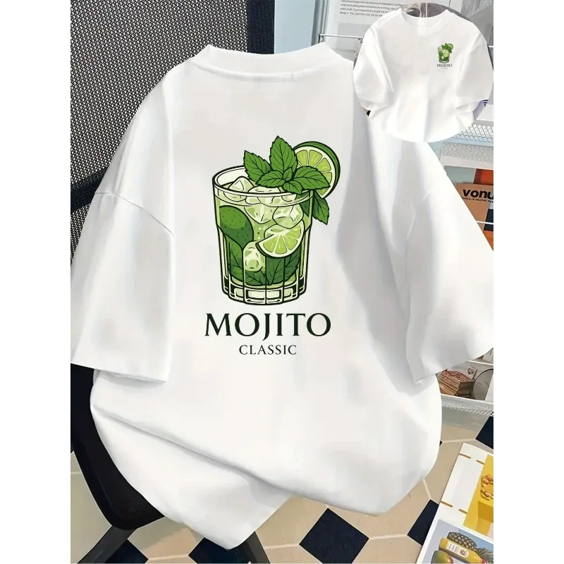 

Women's Mojito and Lime Printed T-shirt White Casual Round Neck Top Mint and Citrus Pattern Breathable Women's Fashion T-shirt