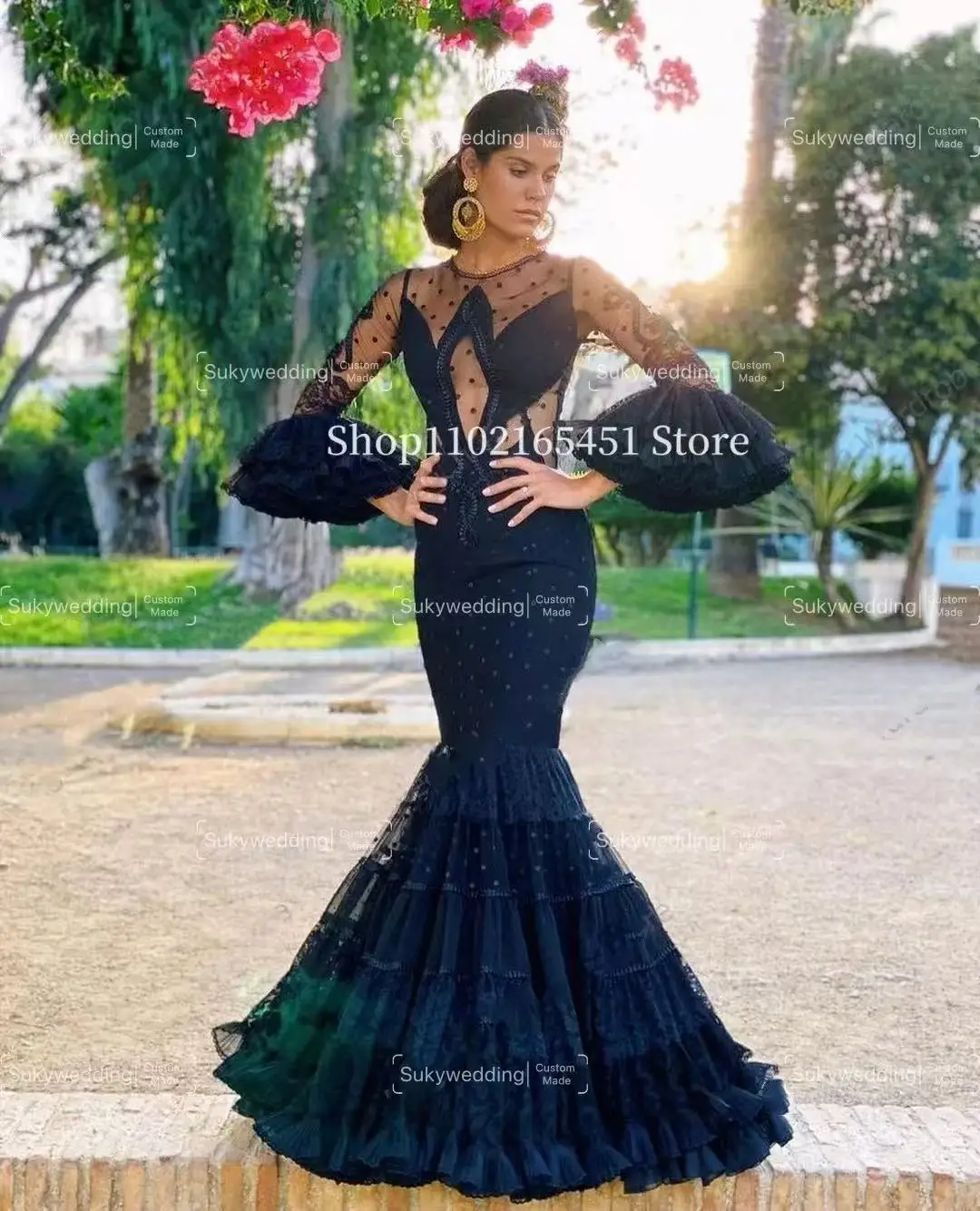 Black Tulle Mermaid Prom Dresses Sheer Long Sleeve Polka Dots Illusion Mesh Sexy Evening Dress Spanish Flamenco Style Customized