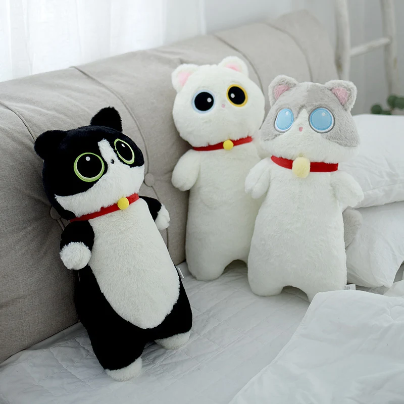 

65cm Long Cat Plush Pillow Big Round Eyes Stuffed White Grey Black Cow Kitten Cartoon Animal Fluffy Bolster Plushie Friend Gift