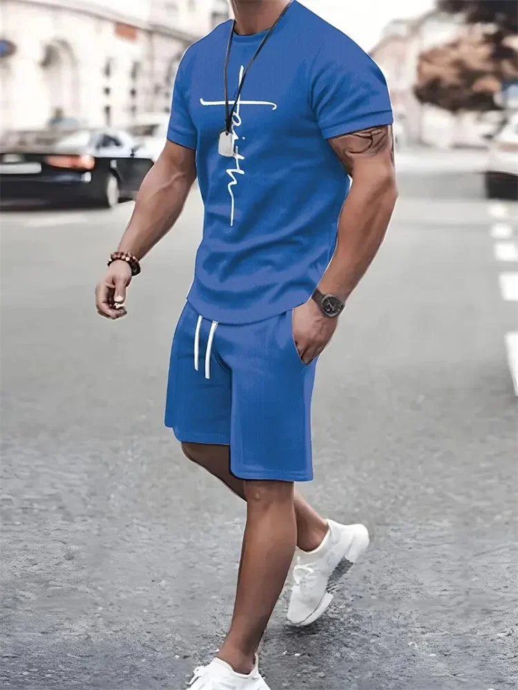 Two Pieces Oversized Outdoor Beach Sports Men's Plus Size Suit Mens T Shirt Shorts Set Fashion Mens Cross Printed Short Sleeve