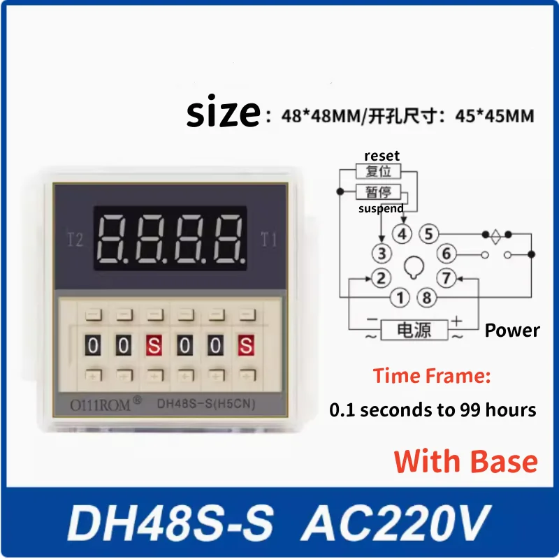 

DH48S-S 0.1s-99h AC 110V 220V DC 12V 24V Repeat Cycle SPDT Programmable Timer Time Switch Relay with Socket Base DH48S Din Rail