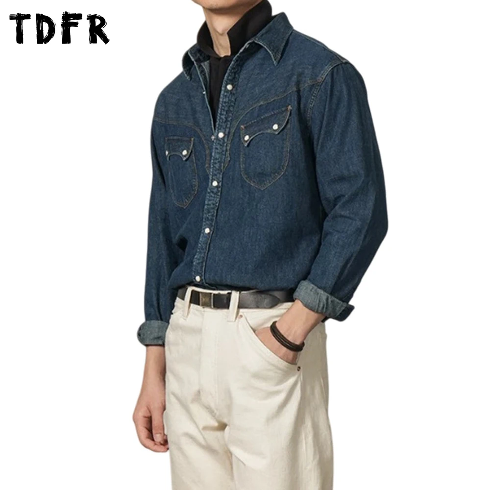 Pocket Denim Shirts Mens Retro Cargo Autumn Washed Distressed Single Breasted Lapel Long Sleeve Round Hem Shirts Man