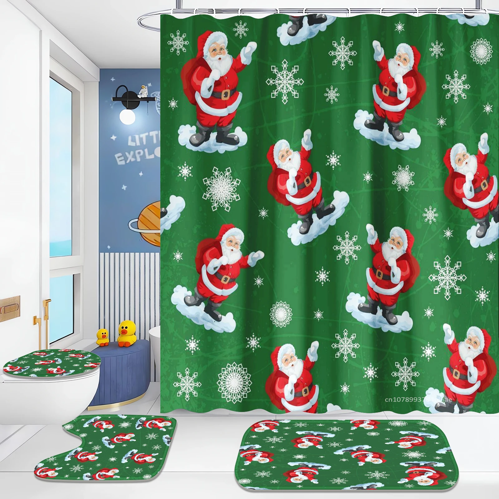 Shower curtain four-piece set Christmas style holiday decoration cartoon bathroom decoration waterproof and mildew-proof