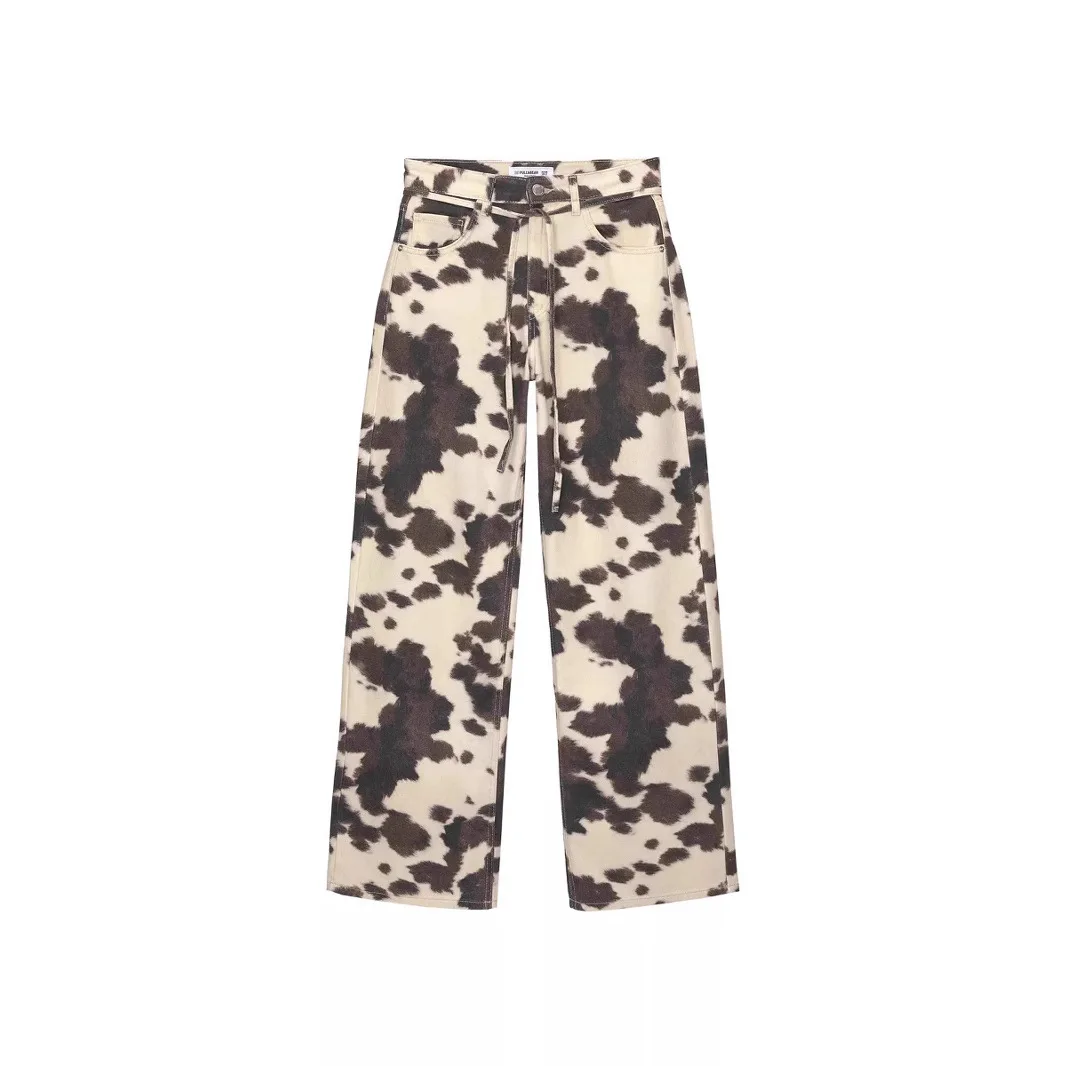 Retro Cow Pattern Vintage Waed Jeans Men's Loose Straight Leg Trousers Cross-Border Sle Casual High Waist Long Pants