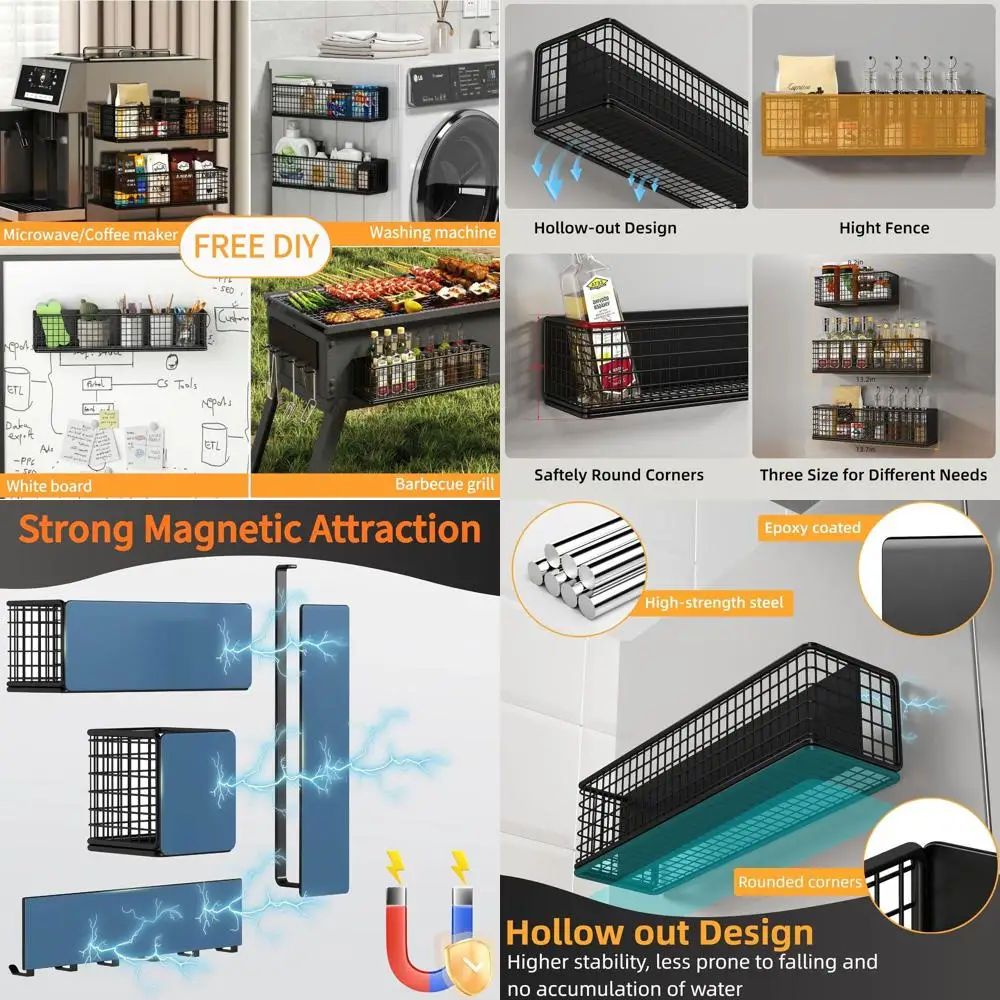 

6-Pack Black Magnetic Spice Racks with Towel Holder and Hooks for Kitchen and Home Storage, Ideal for Fridge, Laundry, and RV Us