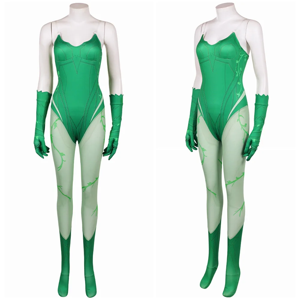 Dark cos Legion Poison Ivy Cosplay Costume Roleplay Women Fantasy Green Jumpsuit Gloves for Movie Halloween Carnival Party Suit