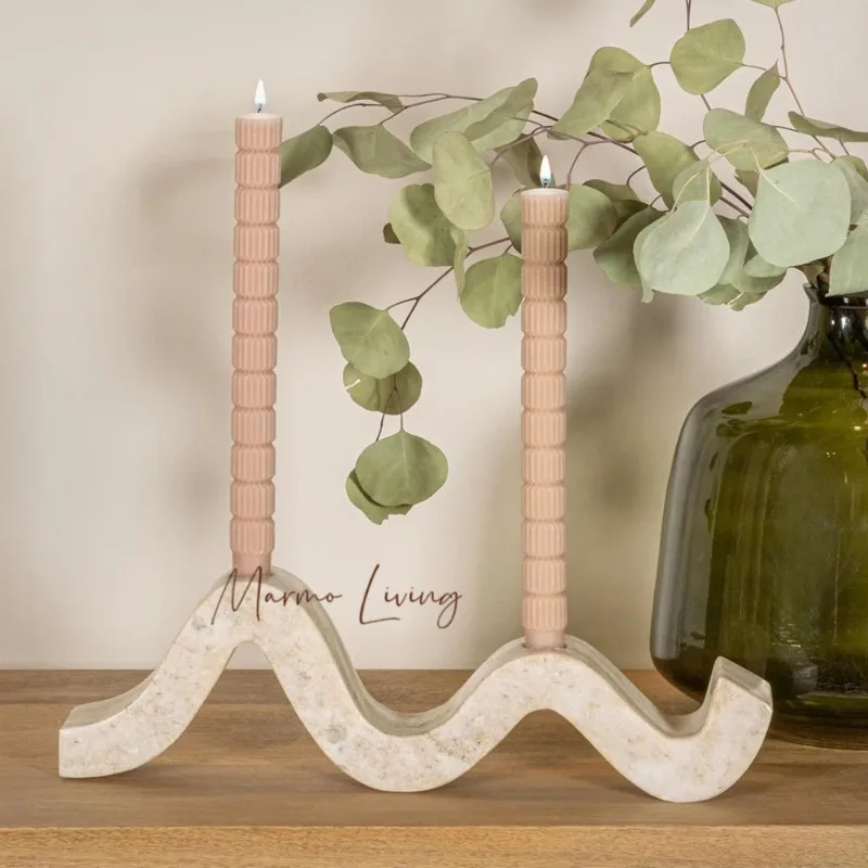

Travertine Wave Double Taper Candle Holder Natural Marble Candlestick Vintage Home Decoration