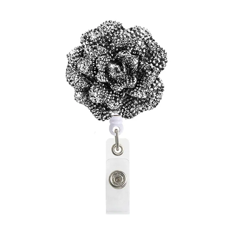 Retractable Badge Reel Glitter Rose ID Holder with 360 Swivel Alligator Clip for Nurse Students Staff Name Tag Waist Buckle