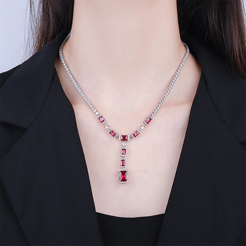 Sparkling 8*10MM Ruby Sapphire Gemstone Pendant Necklace for Women Vintage High Carbon Diamond Cocktail Party Fine Jewelry Gift