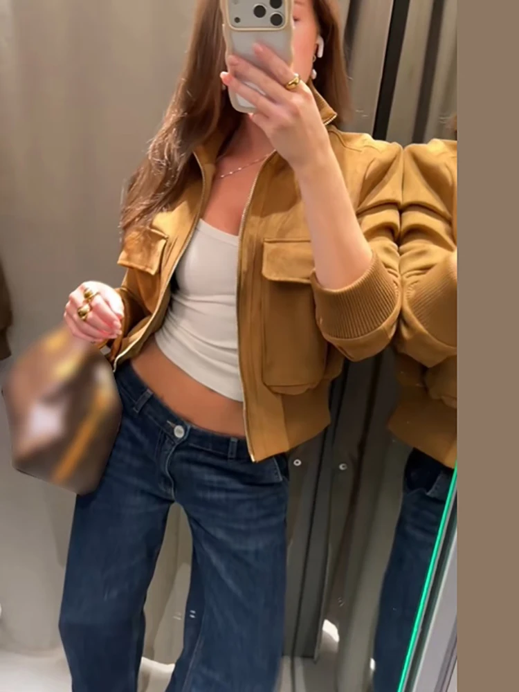 Schicke Jacke aus Kunstwildleder mit geripptem Bündchen für Damen, Retro-Stehkragen, Taschen, Reißverschluss, elastische Taille, Herbst-Alltags-Streetwear 2026 – Detail 14
