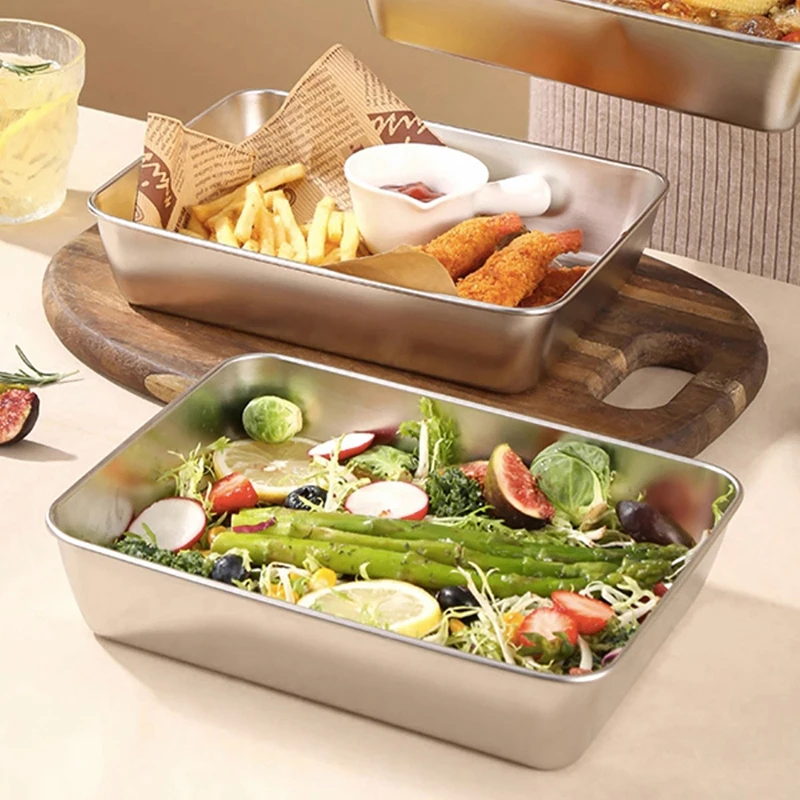 Stainless Steel Square Plate With Lid Rectangular Food Storage Pan Commercial Dish Tray Large Refreshing Lunch Box Container