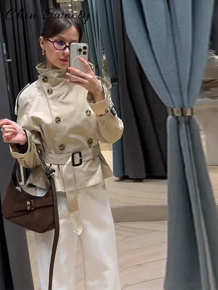 

﻿ Fashion Double Breasted Lace Up Trench Coat Women Solid Stand Collar Long Sleeve Jacket 2025 Spring Lady Chic Streetwear Coats