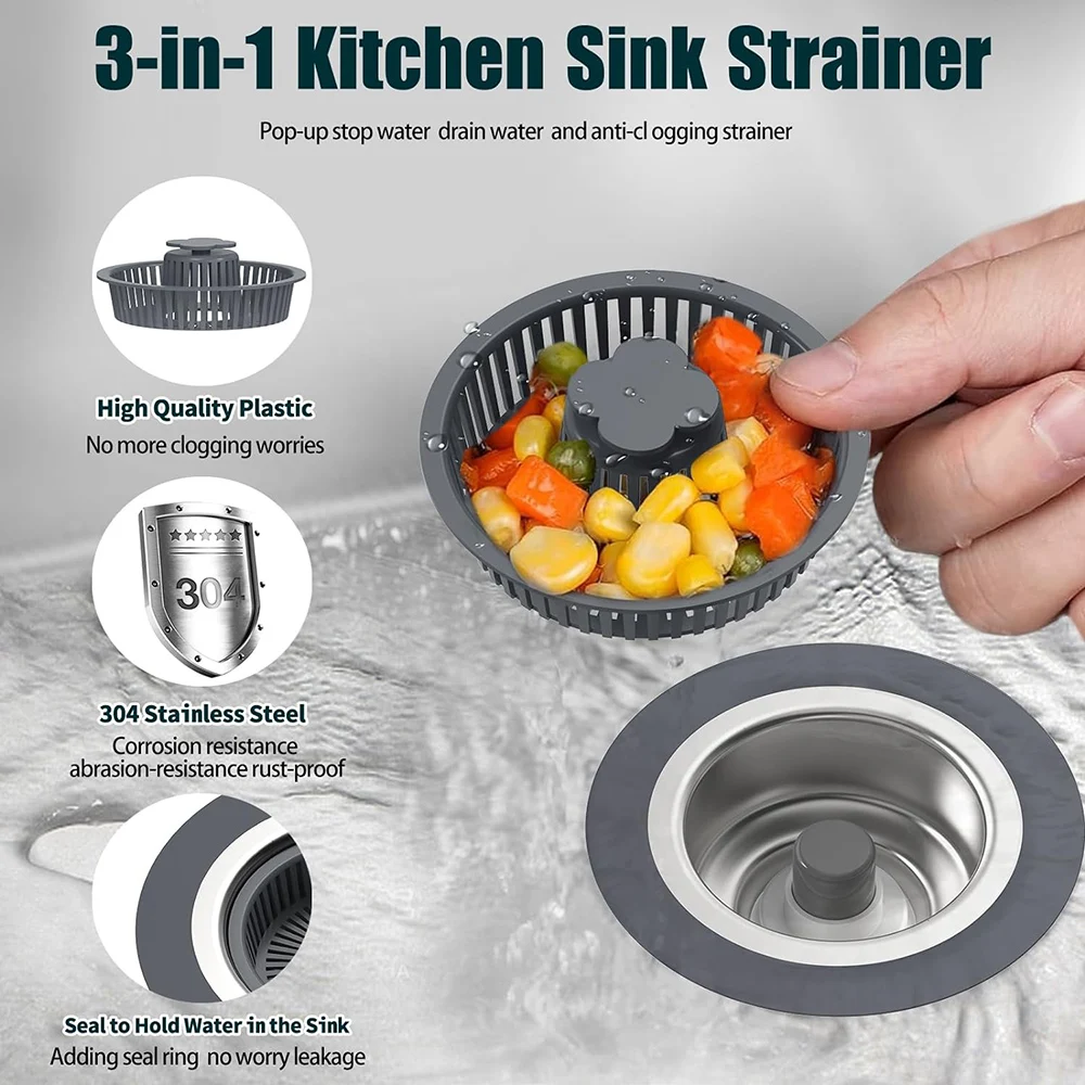 3 in 1 Kitchen Sink Drain Strainer and Stopper Combo, Stainless Steel Pop Up Kitchen Sink Stopper, Sink Drain Strainer for Stand