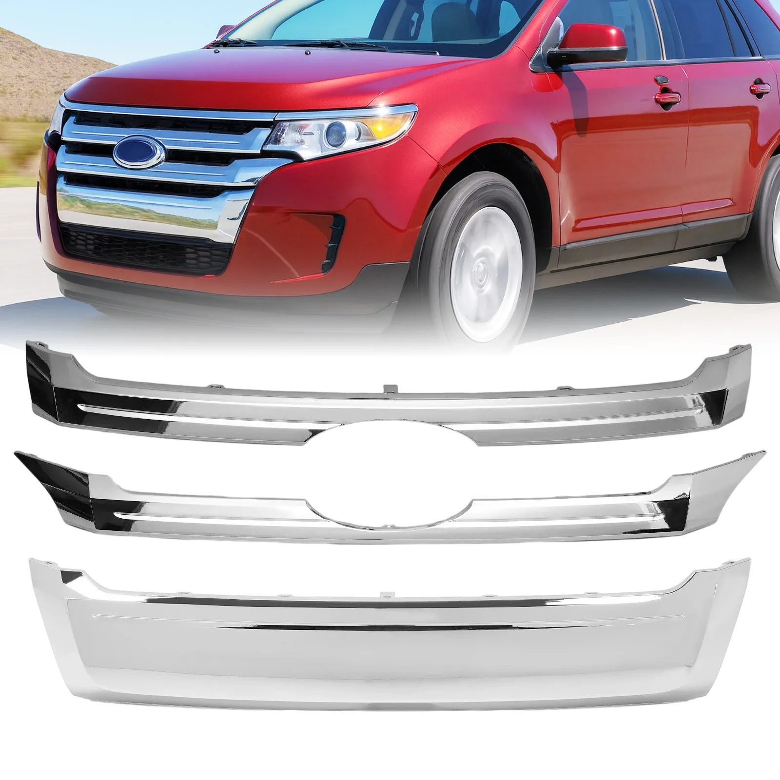 

Front Upper & Center & Lower Grille Trim Chrome For 2011-2014 Ford Edge 3PCS
