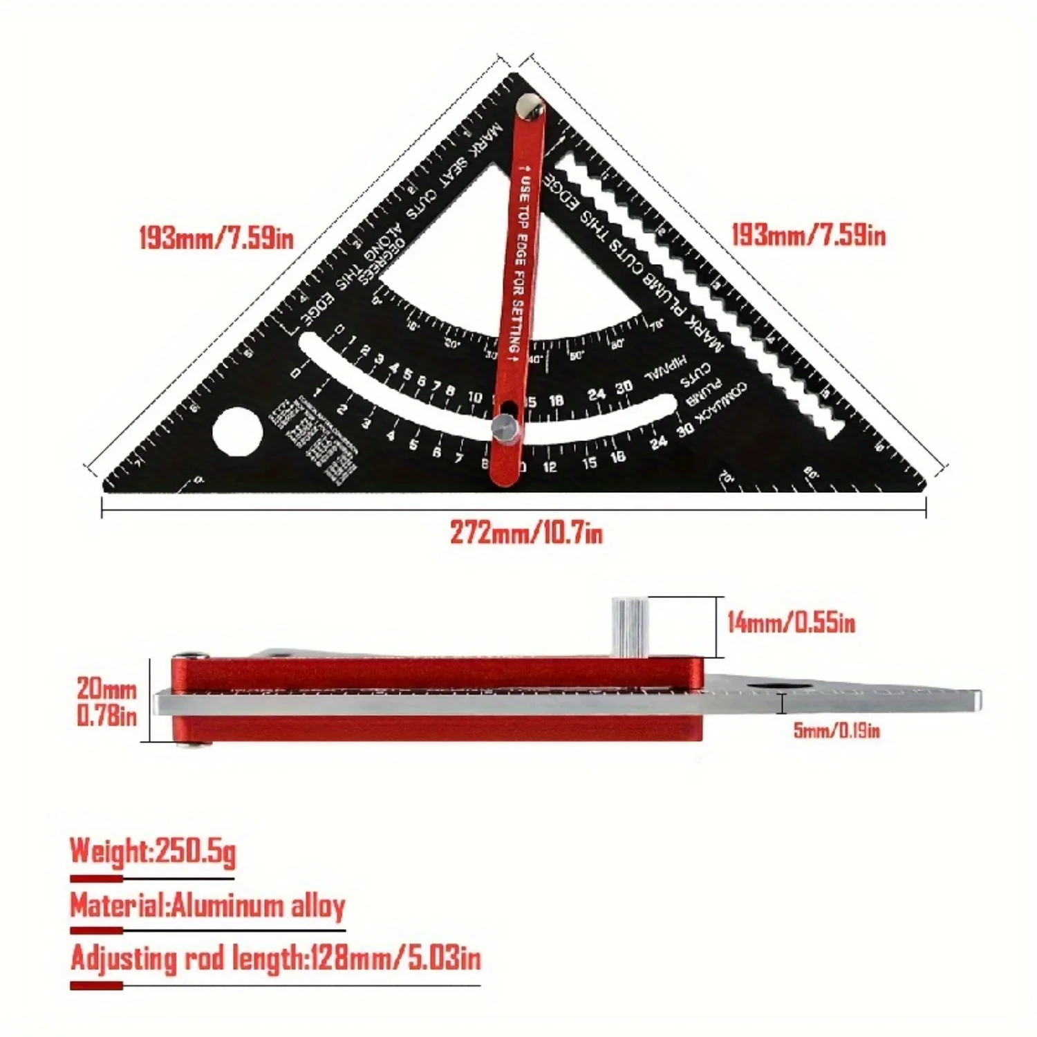 Aluminum Alloy Triangle Ruler With Angle Metric Protractor Multi-Angle Positioning Marker Woodworking Line Ruler Measuring Gauge