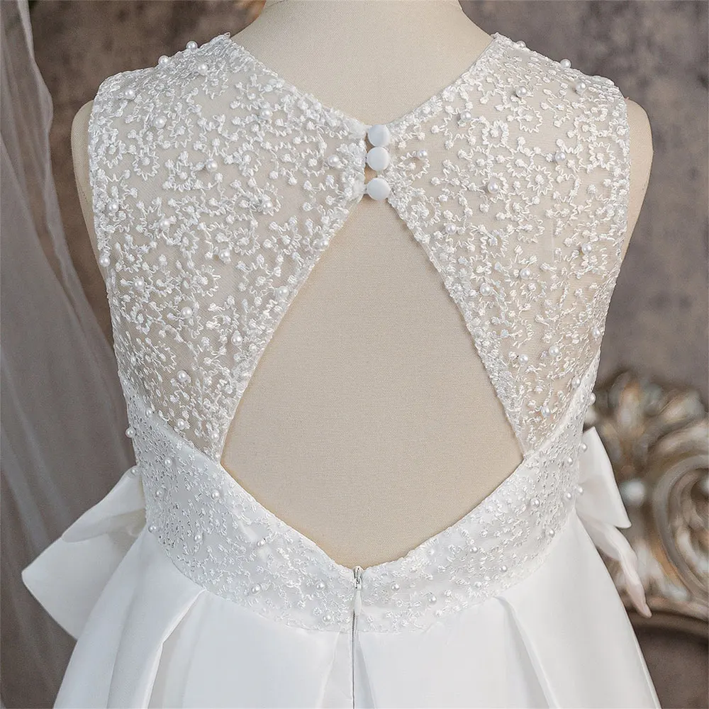 Kids Girls Satin Trailing Princess Dress 7‑12 Years Sleeveless Beaded Lace Bow Girl Evening Gown Summer Girl Evening Gown view 5
