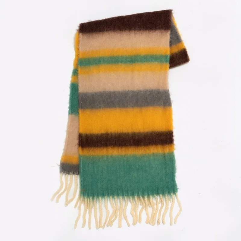 Lenço Listrado Colorido com Borlas, Mohair Cashmere, Bola Espessada, Colar Quente, Lenço Arco-Íris, Acessórios Casais, Inverno