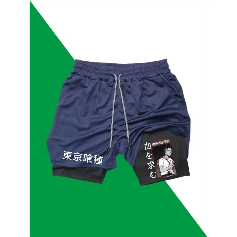 

Tokyo Ghoul Print 2in1 Running Workout Shorts Men Gym Performance Compression Shorts with Phone Pocket Towel Athletic Activewear