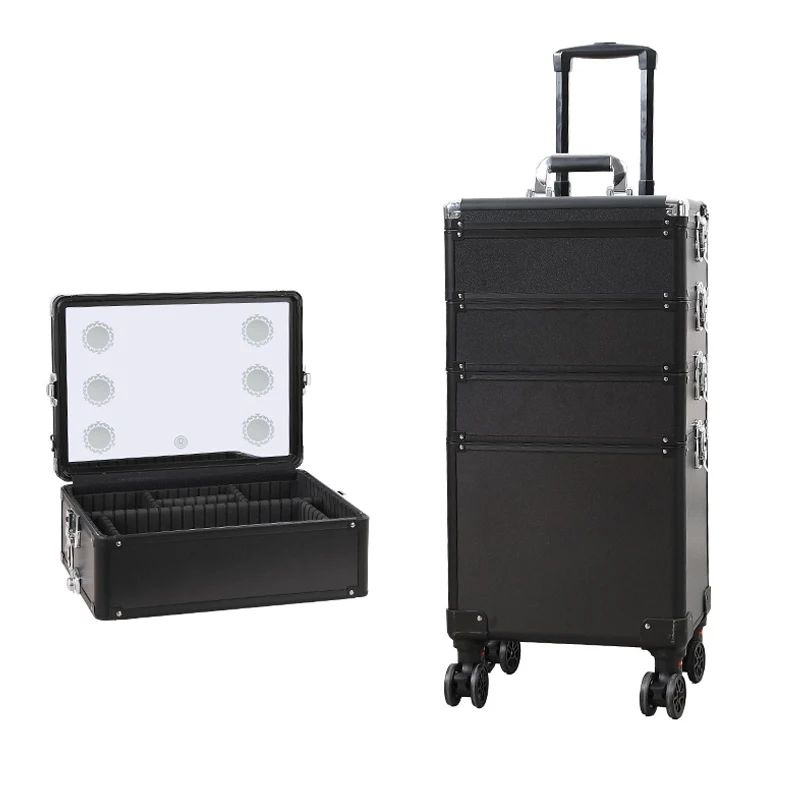 Makeup Bag Rolling Luggage Mirror Lights Large Capacity Cosmetic Bag Suitcase Professional Makeup Pouch Artist Trolley Toolbox