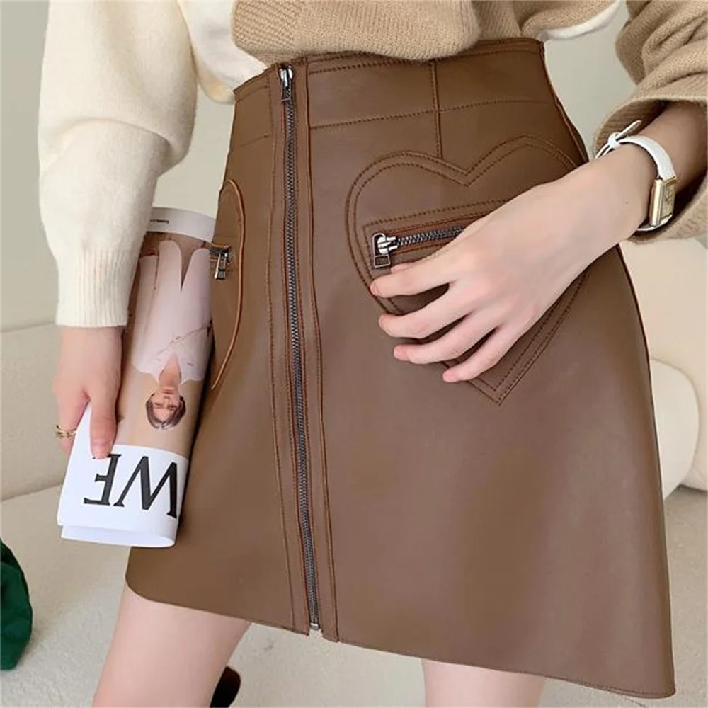

Pu Leather skirt women high waist A-line skirt short fashion love pocket casual