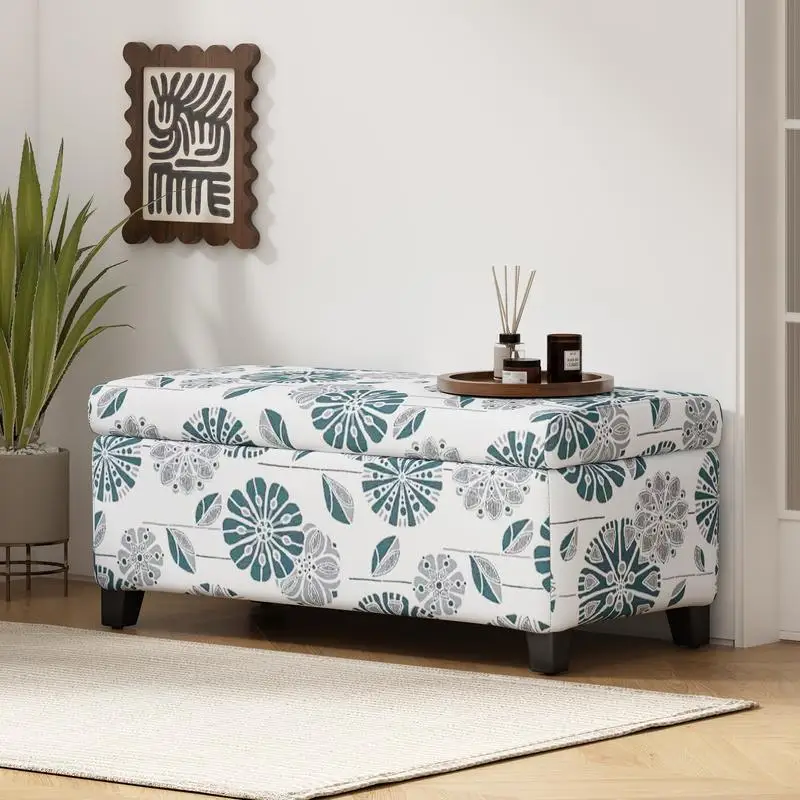 

Luxury Storage Ottoman with Floral Fabric, Soft-Close Hinges, Multi-Functional Footrest & Seat for Living Room or Bedroom,