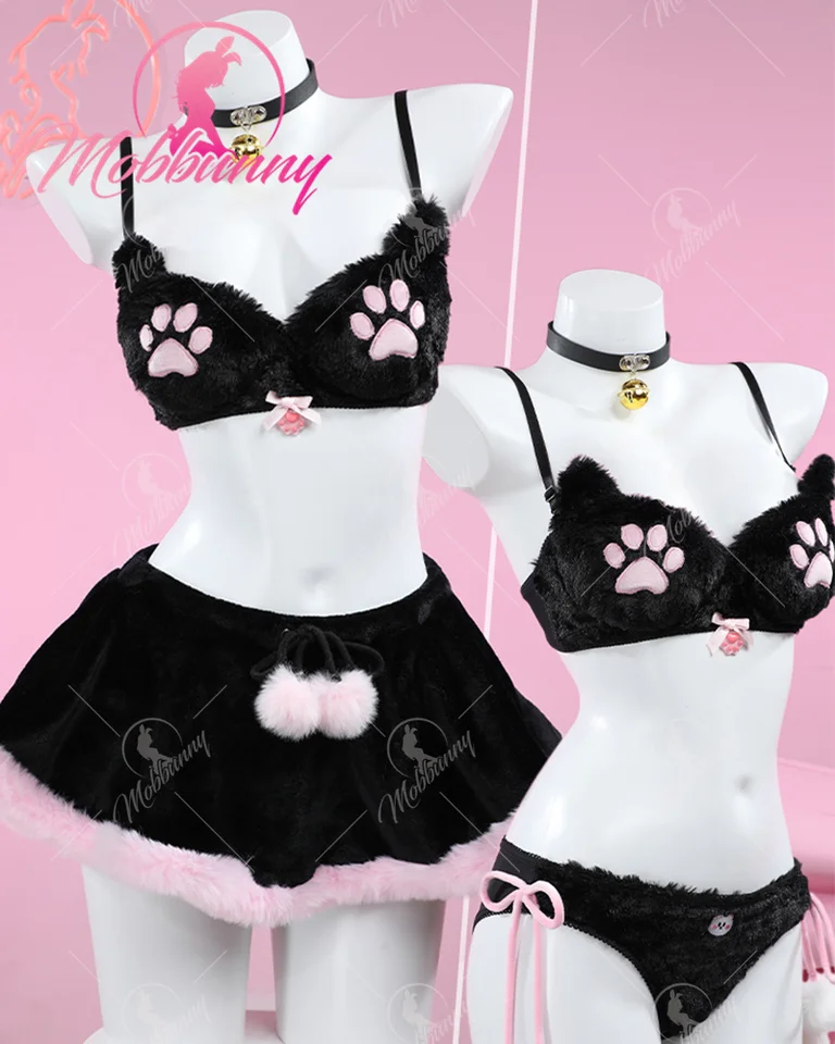 Mobbunny Women's Kawaii Homewear Sexy Lingerie Set Plush Cat Paw  Three-Point Top and Panty with Skirt Choker - AliExpress 200000532