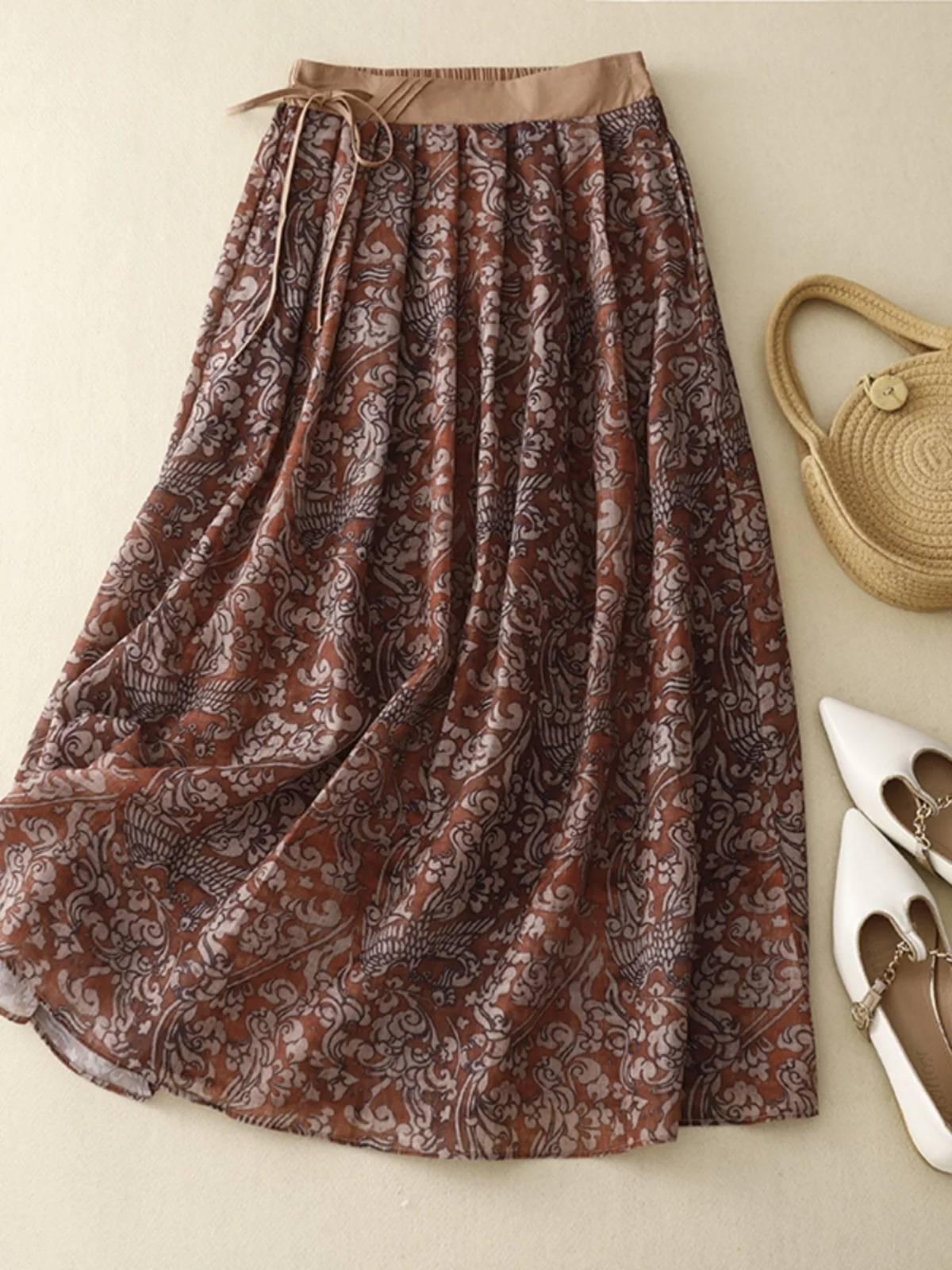

Retro Floral Cotton Lin High Waist A-Line Skirt Women's Midi Skirt Commute Sle Print Splicing ep for Summer 2023