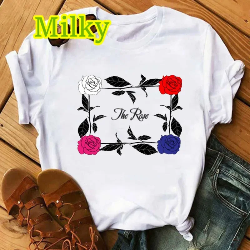 Kpop The Rose Band T-Shirt Korean Music Funny Graphics Y2K Tops Summer Tee Shirt Harajuku Casual Print Fashion Women T Shirt