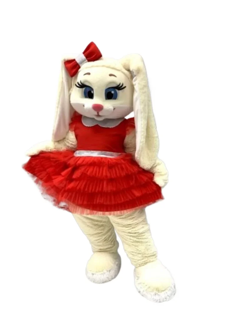 Lindo disfraz de mascota conejo liebre con vestido rojo mascota de felpa de dibujos animados Halloween fantasía de Navidad trajes de fiesta de boda