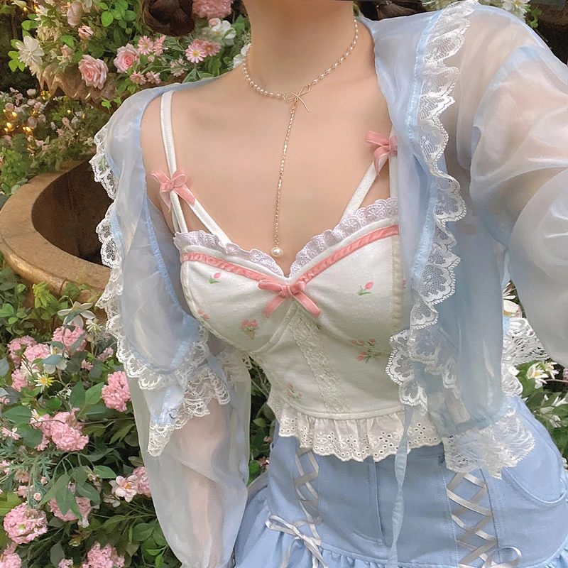 2022 Summer Floral Kawaii Halter Tops Women White Backless Sexy Beach Sweet Cute Tanks Lace Print Party Korean Fashion Clothing