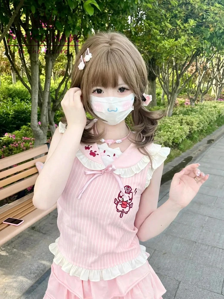 MikAutumn-تي شيرت نسائي ياباني لوليتا قطة مطبوع عليها رسوم كرتونية ، كاواي ، نمط Preppy ، قمم صيفية Y2K ، قوس هاراجاكو ، كشكشة ، تيشيرتات لطيفة #1