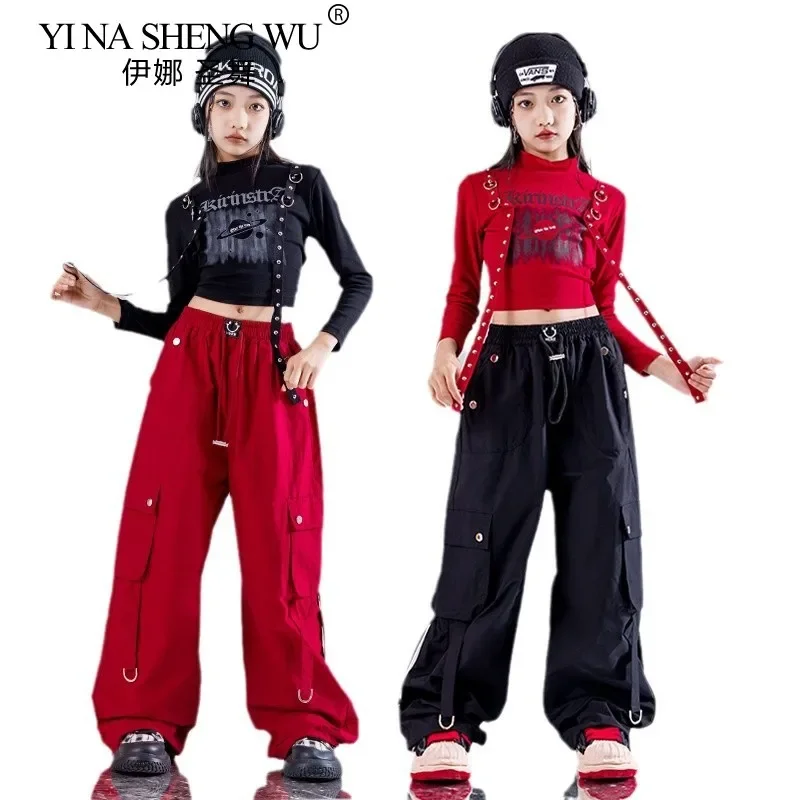 طفل الهيب هوب ملابس رقص الجاز أحمر أسود المحاصيل الأعلى والسراويل البضائع 2 في 1 تنورة مجموعة الفتيات K-pop الشارع الشهير أداء الزي #1