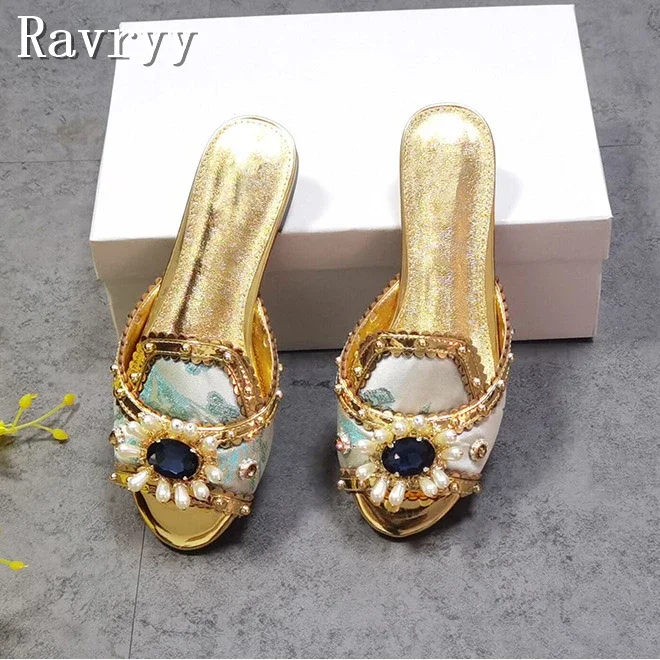Luxury Gemstone Flower Women Slippers Designer Floral Cloth Open Toe Flat Bottomed Sandals Summer New Comfortable Beach Slipper